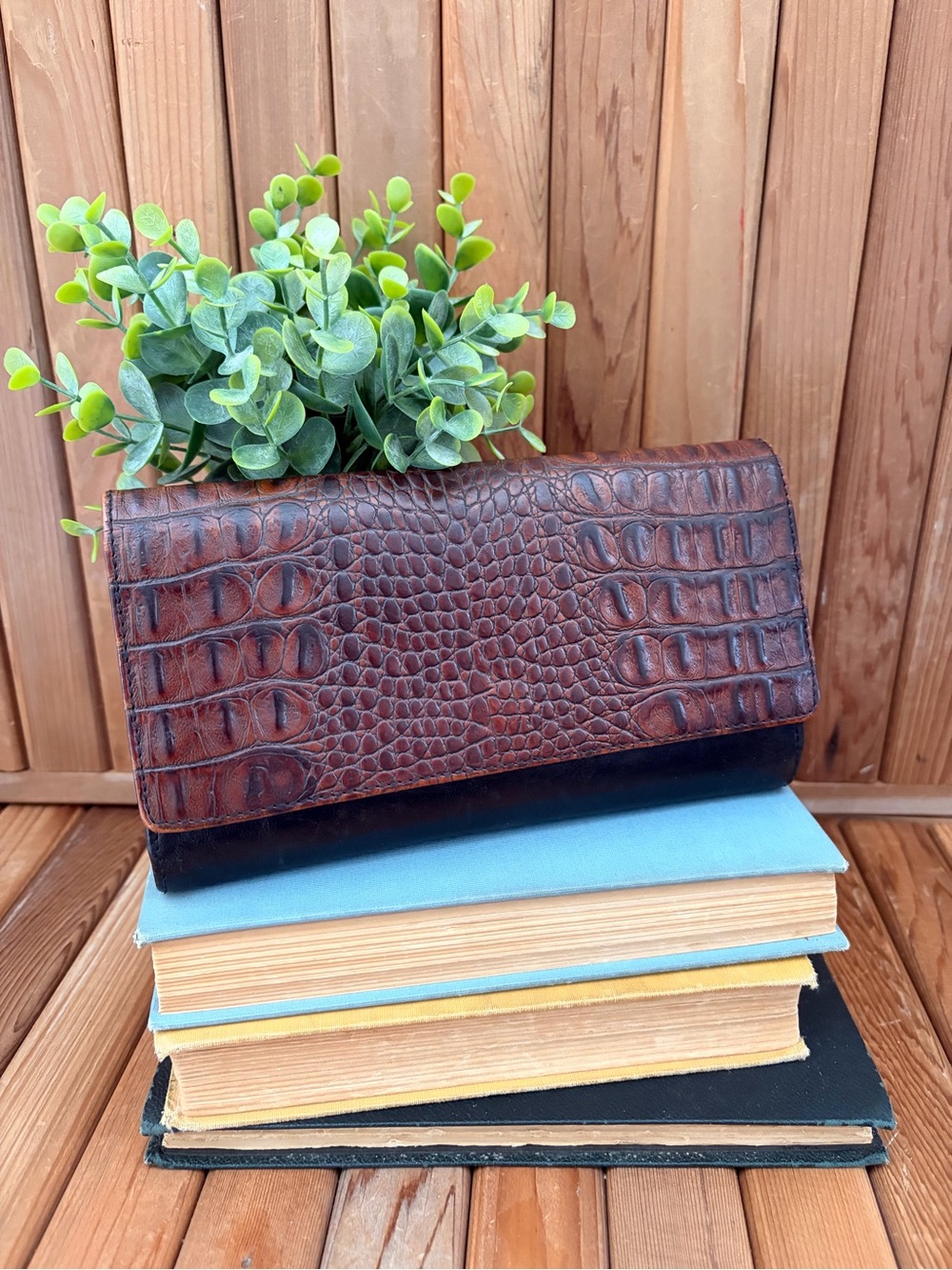 BRAHMIN Croc-Embossed Black and Brown Leather Trifold Wallet
